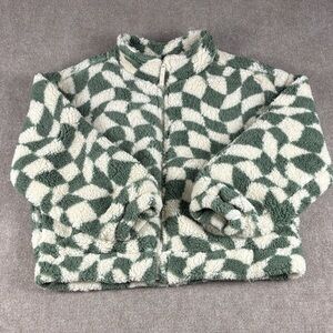 RSQ Women's Checkered Print Sage Green/Cream Cozy Sherpa Jacket Full Zip Size S